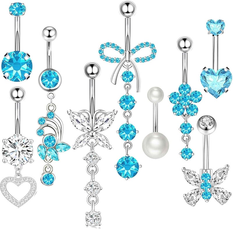 Suotarn 14G Belly Button ring Dangle Belly Rings Surgical Stainless Steel Cute Bow Butterfly Heart Flower Dangling Belly Button Piercing Jewelry For Women Silver Dainty Dangly Navel Ring - Image 1
